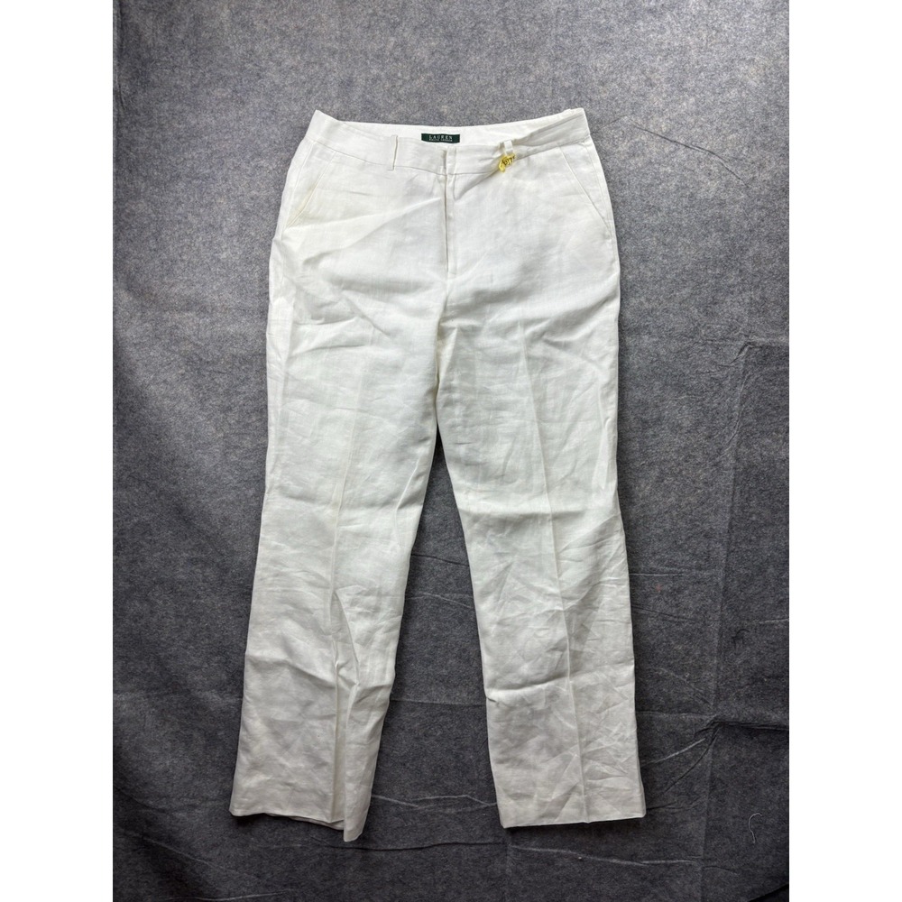 Lauren Ralph Lauren Women's 100% Linen White Straight Leg Pants Sz 12 Boho VTG